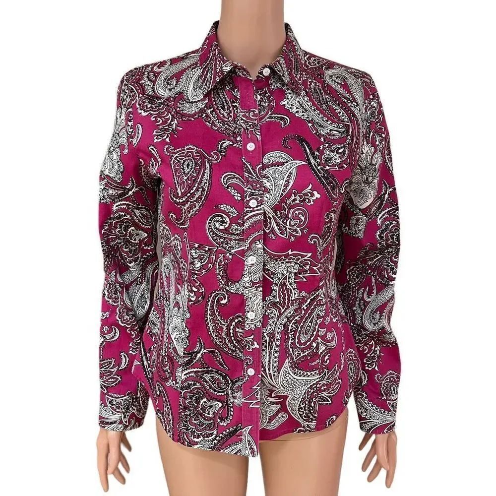 Talbots Pink White Black Paisley Button Down Shirt Stretch Sateen Cotton 8P